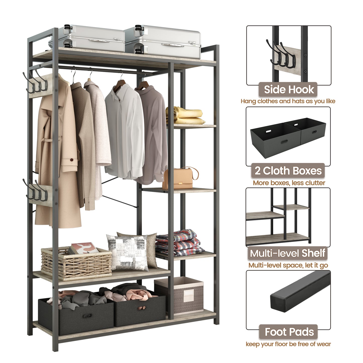 JHX Organized Garment Rack with Storage, Free-Standing Closet System with Open Shelves and Hanging Rod(Grey,43.7’’w x 15.75’’d x 70.08’’h).