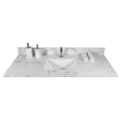 Montary 43‘’x22" bathroom stone vanity top  engineered stone carrara white marble color with rectangle undermount ceramic sink and  single faucet hole with back splash .