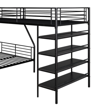 L-Shaped Metal Twin over Full Bunk Bed and Twin Size Loft Bed with Four Built-in Shelves,Black