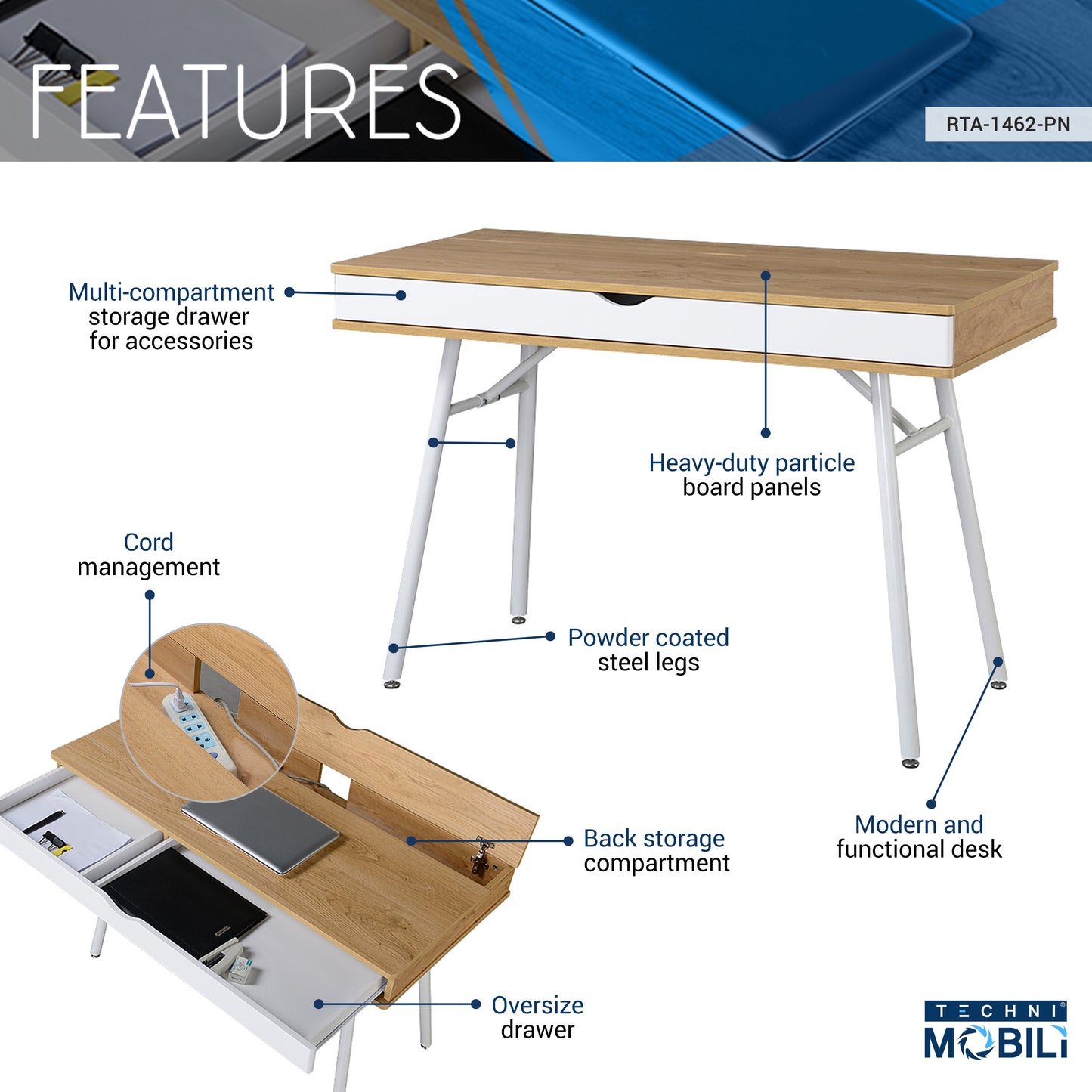 Techni Mobili Modern Multi Storage Computer Desk with Storage, Pine