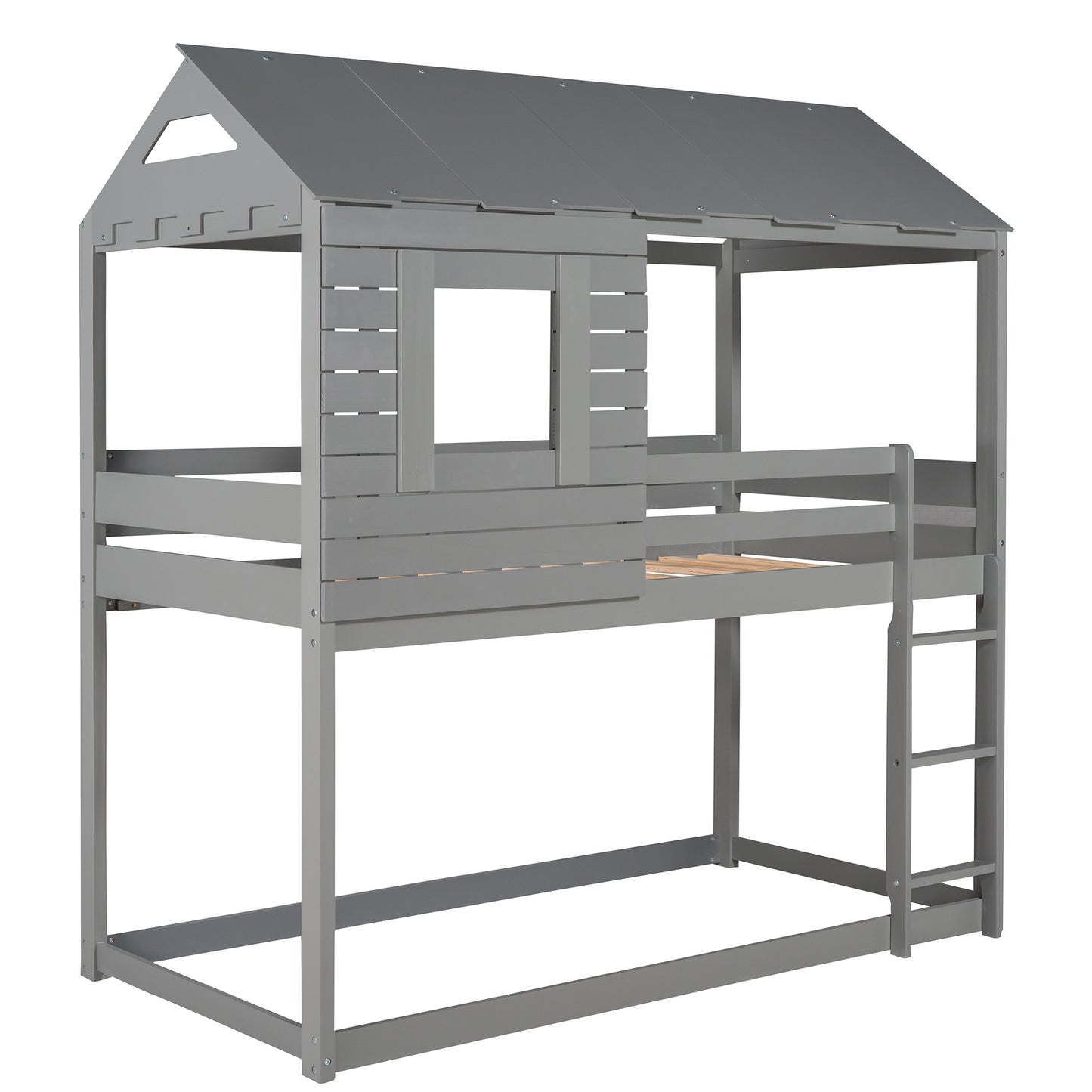 Twin Over Twin Bunk Bed Wood Loft Bed with Roof, Window, Guardrail, Ladder (Gray) (OLD SKU :LP000062AAE)