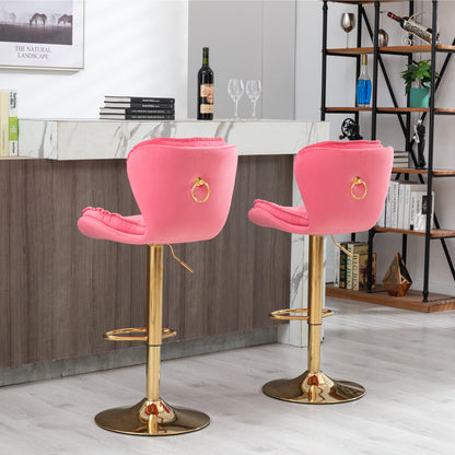 Set of 2  Bar Stools,with Chrome Footrest and Base Swivel Height Adjustable Mechanical Lifting Velvet + Golden Leg Simple Bar Stool-pink