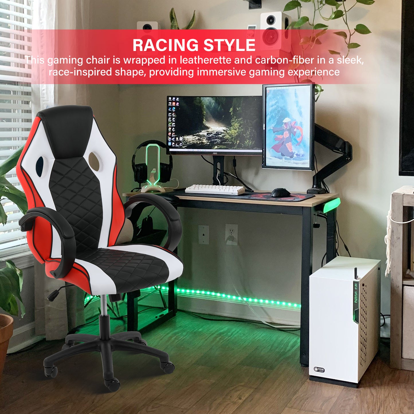 YSSOA Gaming Office High Back Computer Ergonomic Adjustable Swivel Chair, Black/White/Red