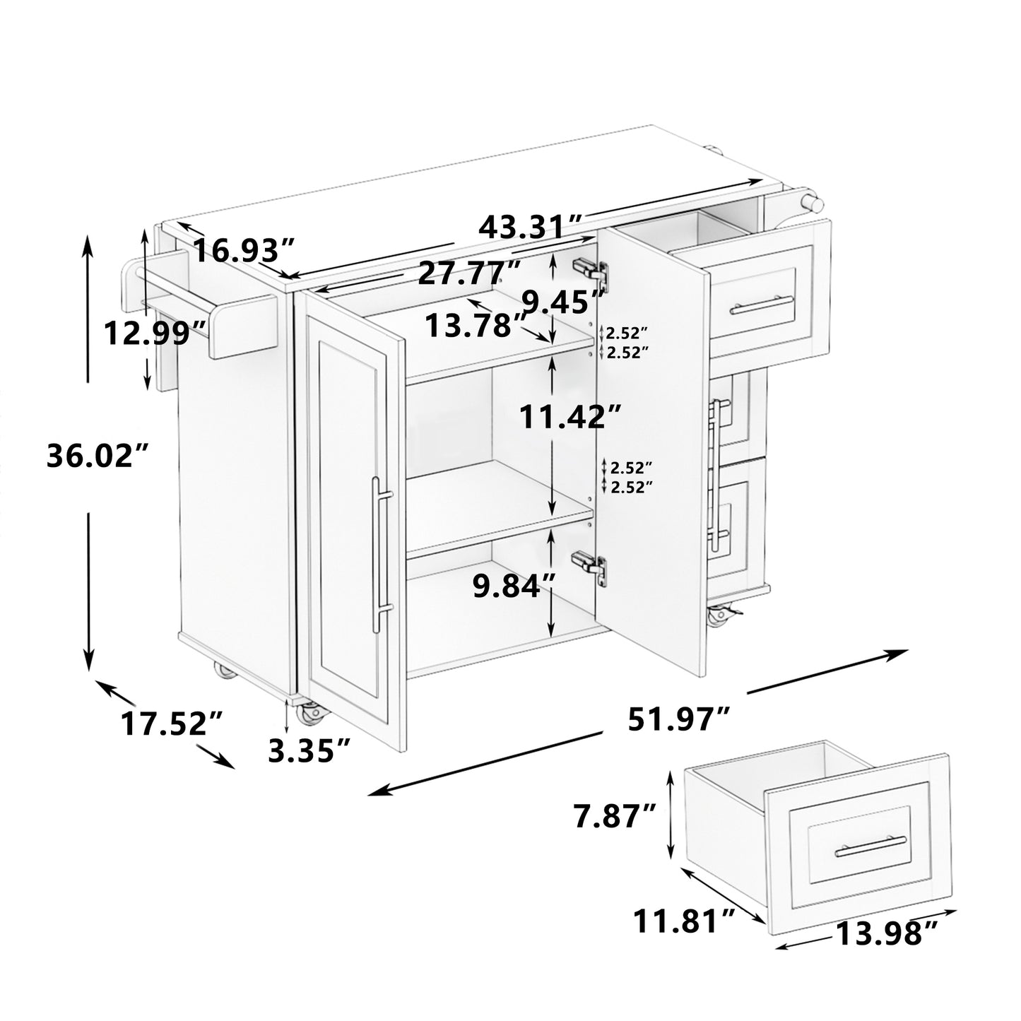 Kitchen Island Cart with 2 Door Cabinet and Three Drawers,53.5 Inch Width with Spice Rack, Towel Rack （White)