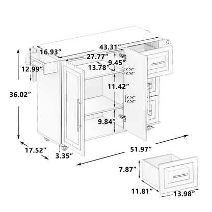 Kitchen Island Cart with 2 Door Cabinet and Three Drawers,53.5 Inch Width with Spice Rack, Towel Rack （White)