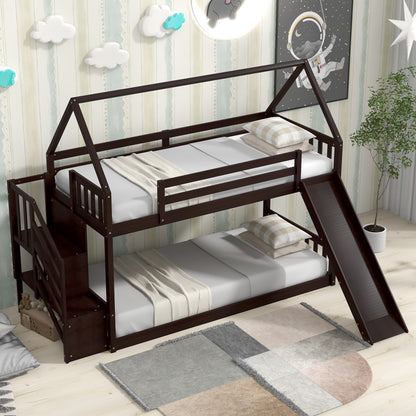 Twin over Twin House Bunk Bed with Slide and Storage Staircase,Espresso