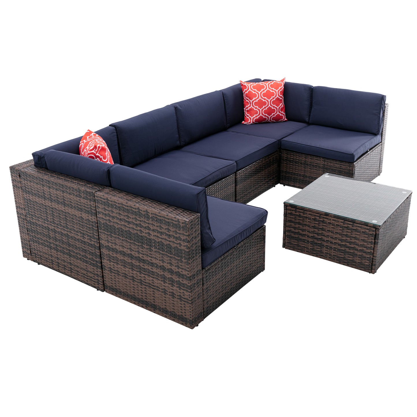 7Pcs Outdoor Garden Patio Furniture  PE Rattan Wicker  Sectional Cushioned Sofa Sets with 2 Pillows and Coffee Table