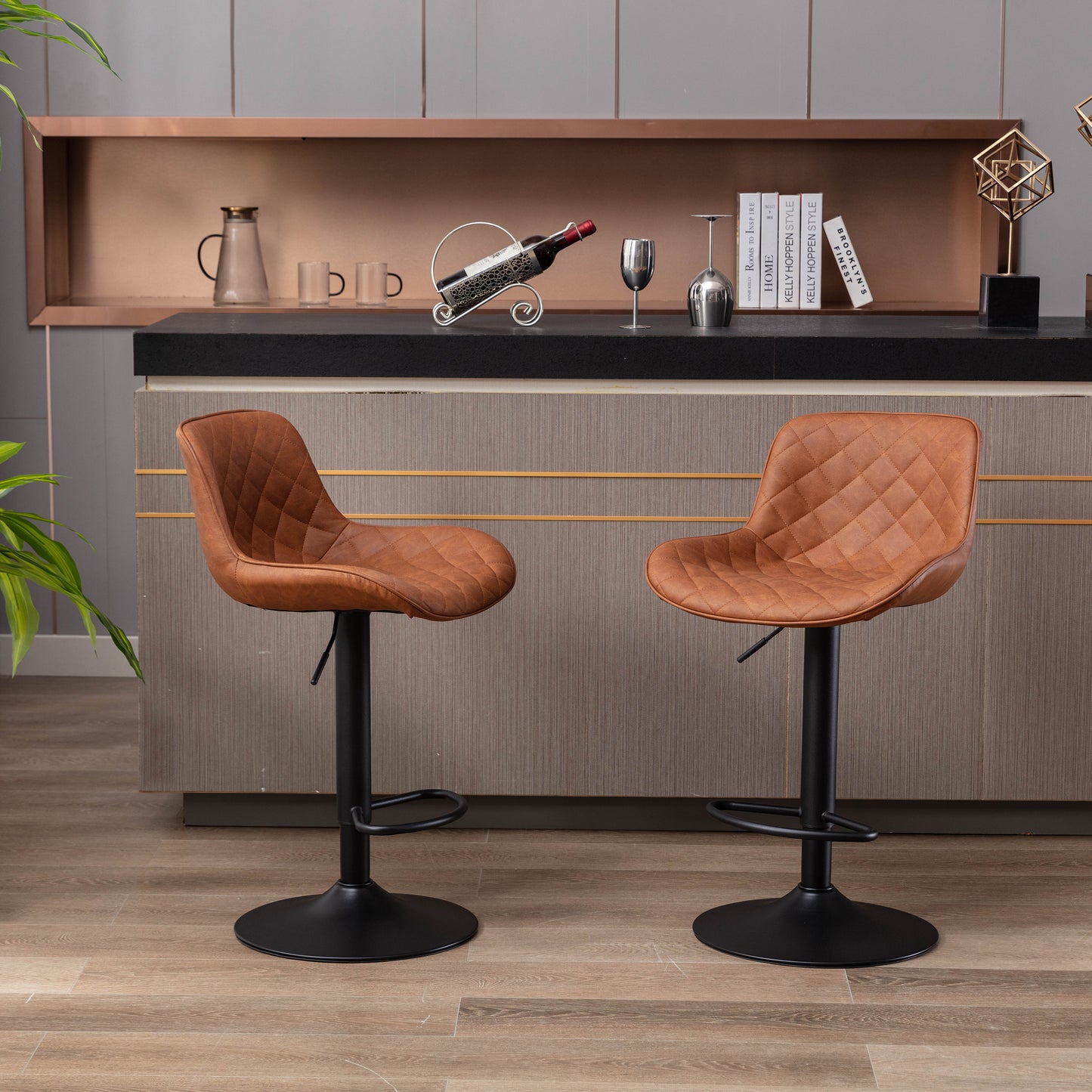 Set of 2  Bar Stools,with Black Footrest and Base Swivel Height Adjustable Mechanical Lifting PU + Black Leg Simple Bar Stool-brown