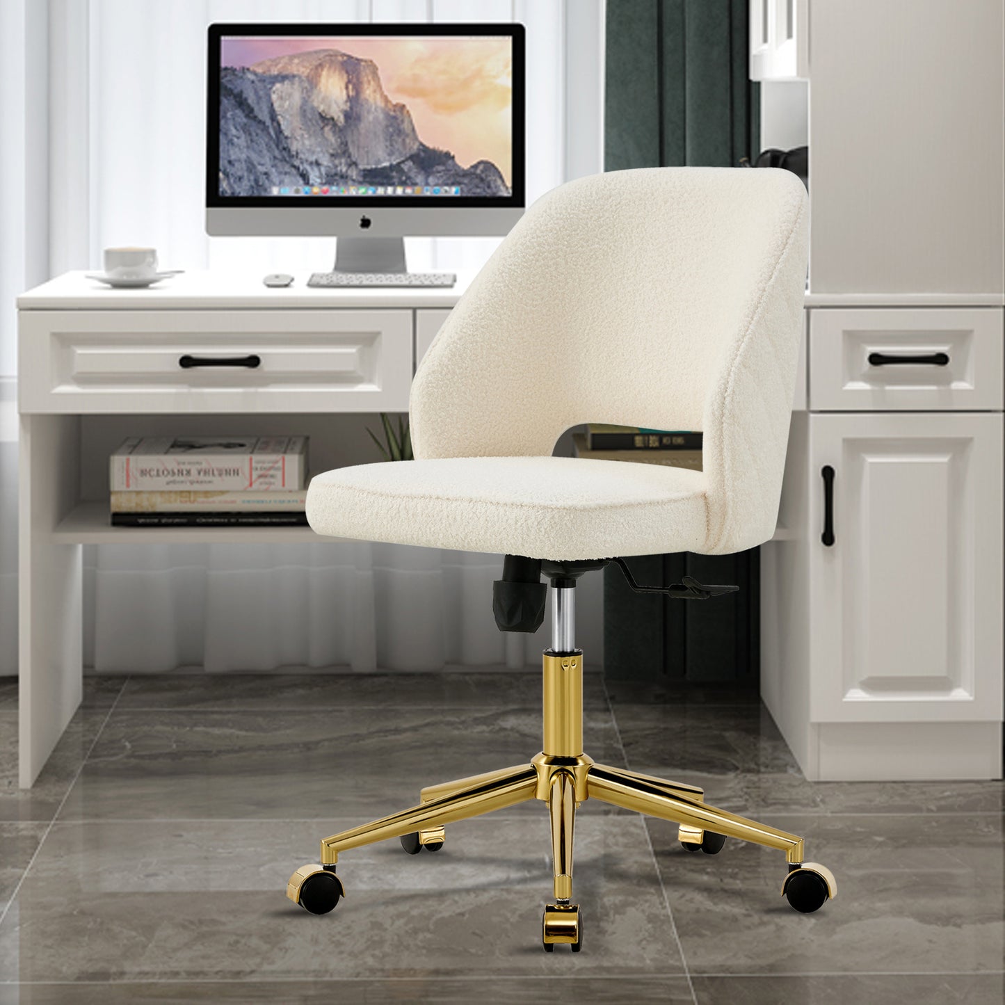 Modern Home Teddy Velvet Office Chairs, Adjustable 360 °Swivel Chair Engineering Plastic Armless Swivel Computer Chair With Wheels for Living Room, Bed Room Office Hotel Dining Room.White.