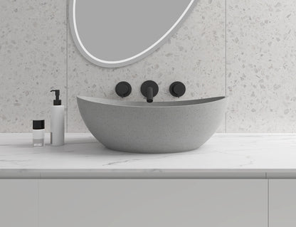 Oval Concrete Vessel Bathroom Sink in Grey without Faucet and Drain