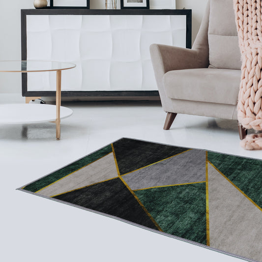 Casual Geometric Cotton Area Rug，Modern Abstract Geometric Shapes Accent Outdoor Rug 4ft x 5.3ft for Patio Bedrooms, Dining Rooms, Living Rooms Light Grey /Green