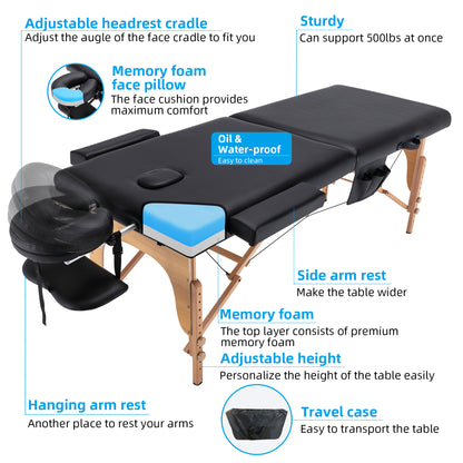 HengMing  Memory  Foam Portable Massage table ，2 Section Wooden  28  inch  Wide Adjustable Folding Massage Table,PU leather Spa Bed
