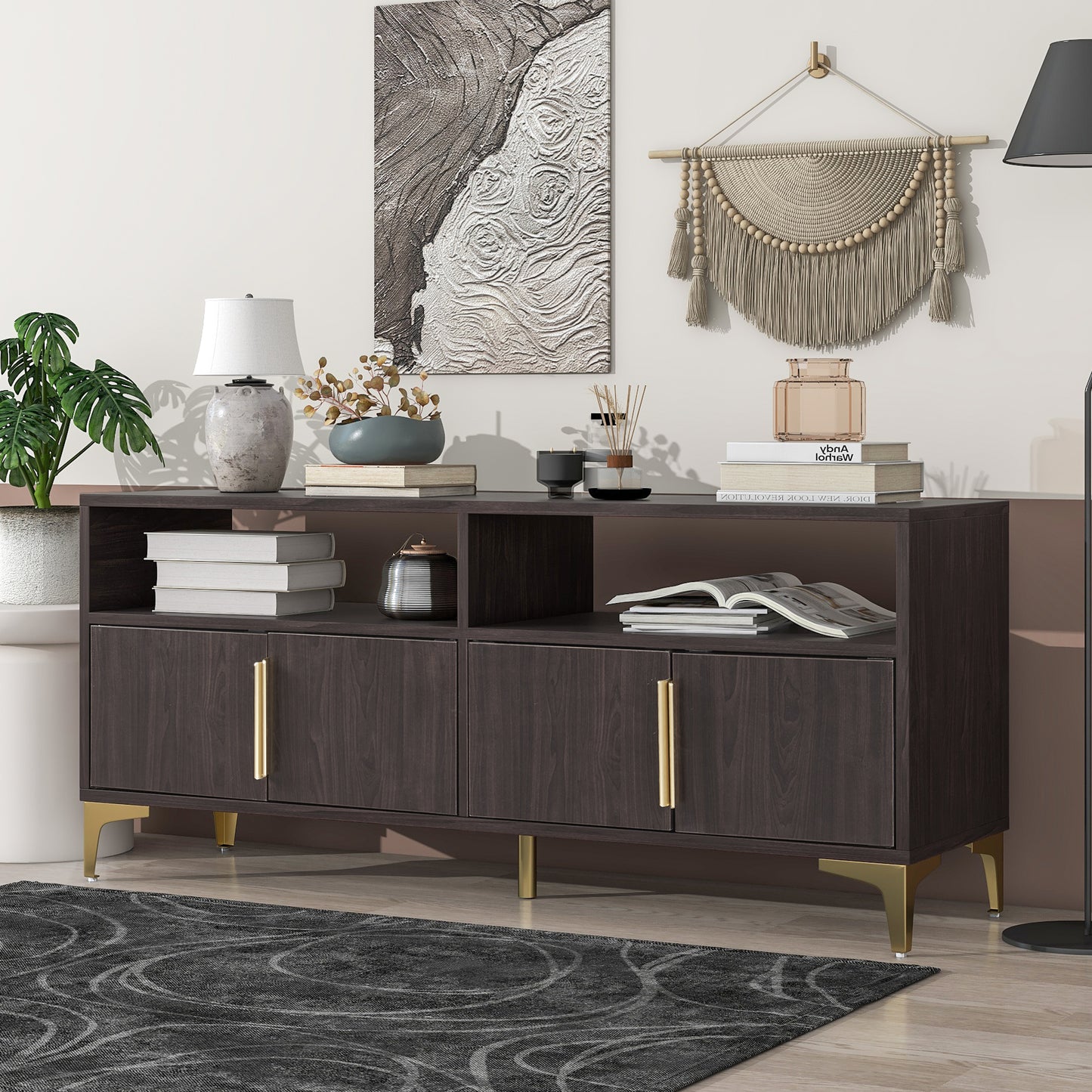 TREXM 58” L Sideboard with Gold Metal Legs and Handles Sufficient Storage Space Magnetic Suction Doors (Espresso)