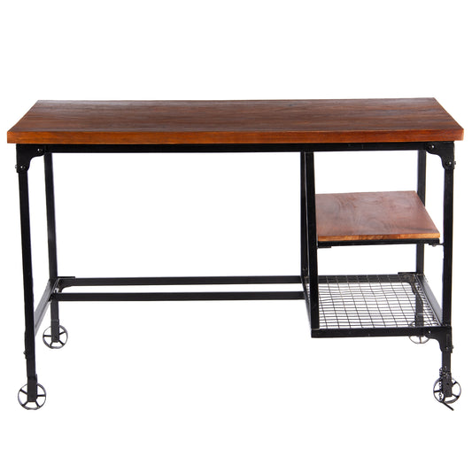 Industrial Style Wood and Metal Desk with Two Bottom Shelves, Brown and Black