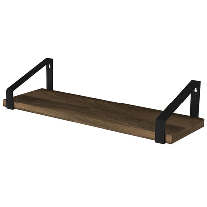 Joel 18 Inch Industrial Rectangular Wood and Metal Floating Wall Shelf, Grain Details, Walnut Brown, Black