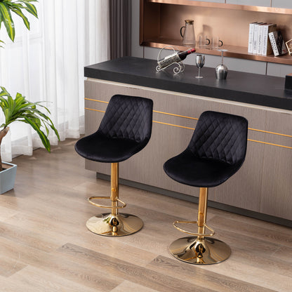 Set of 2  Bar Stools,with Chrome Footrest and Base Swivel Height Adjustable Mechanical Lifting Velvet + Golden Leg Simple Bar Stool-black