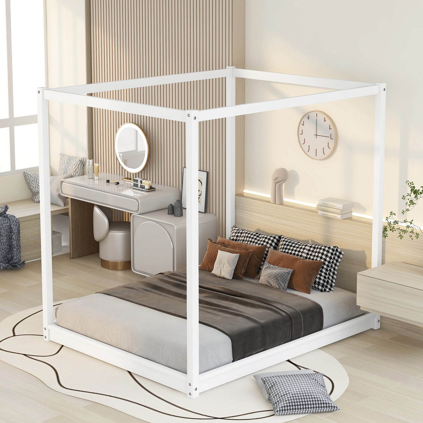 Queen Size Canopy Platform Bed with Support Legs,White