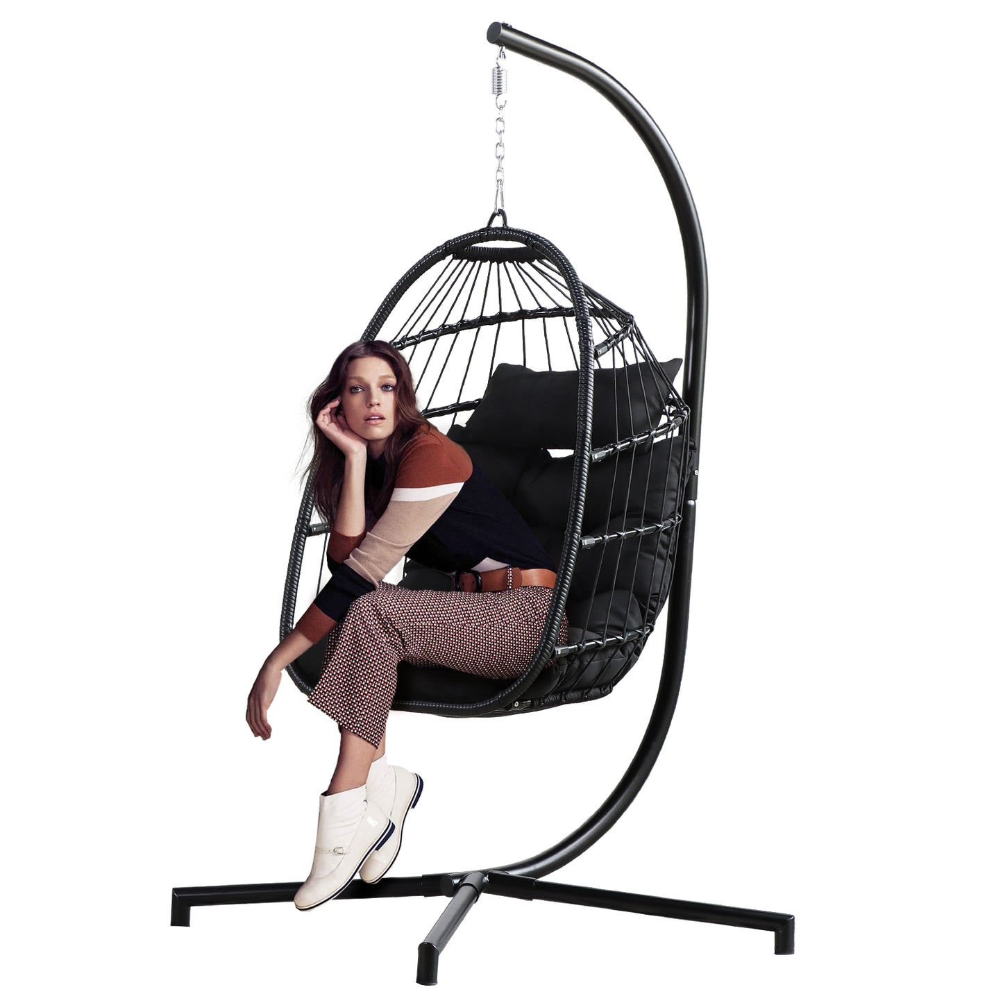 Indoor Outdoor Patio Hanging Egg Chair Wicker Swing Hammock Chair with Stand