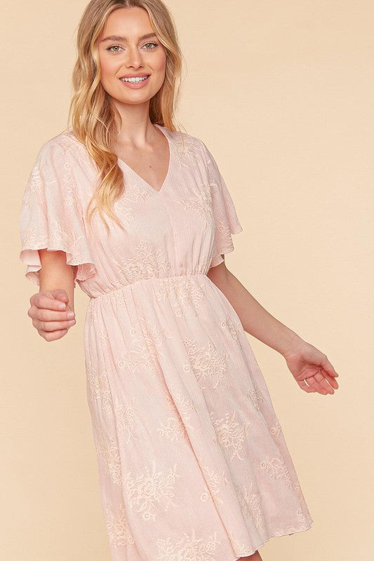 CRINKLE EMBROIDERED FLARE WOVEN DRESS