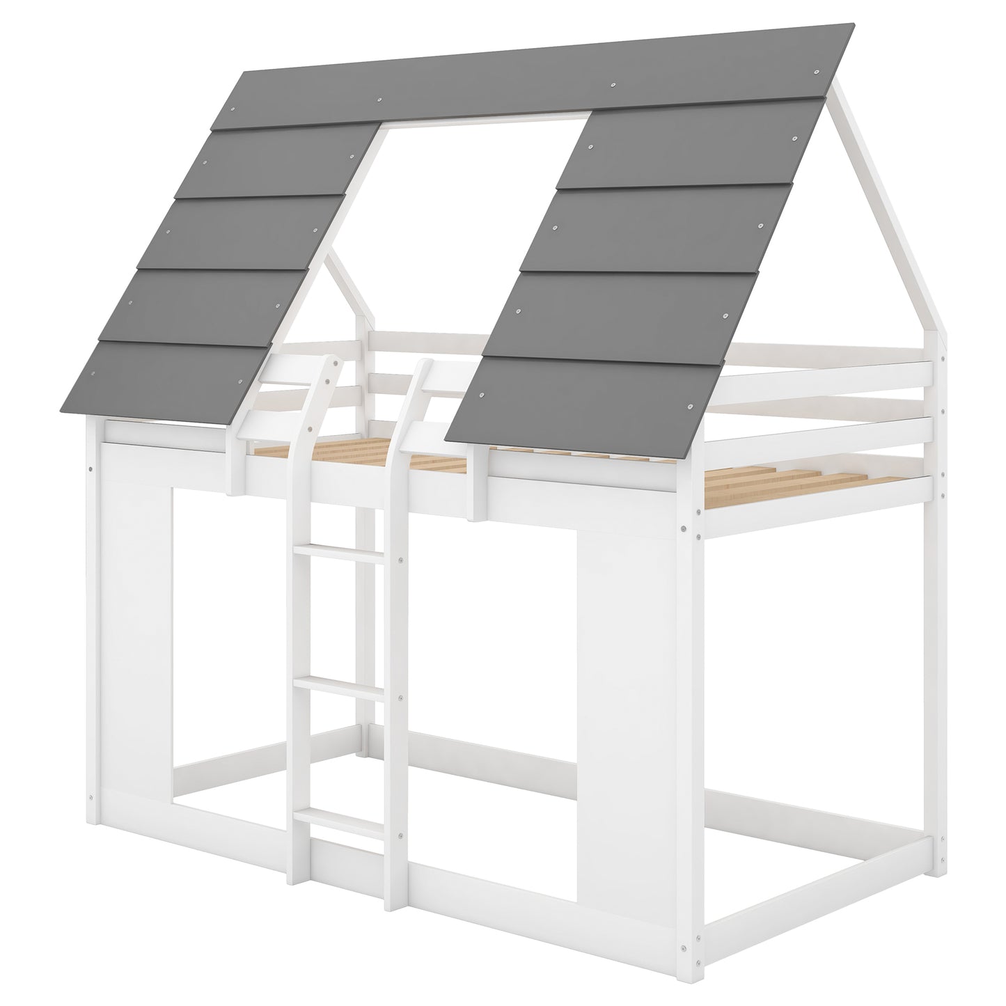 House Bunk Bed with Roof and Built-in Ladder,White(OLD SKU:GX000517AAK)