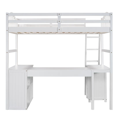 Twin size Loft Bed with Drawers, Cabinet, Shelves and Desk, Wooden Loft Bed with Desk - White(OLD SKU :LP000505AAK)