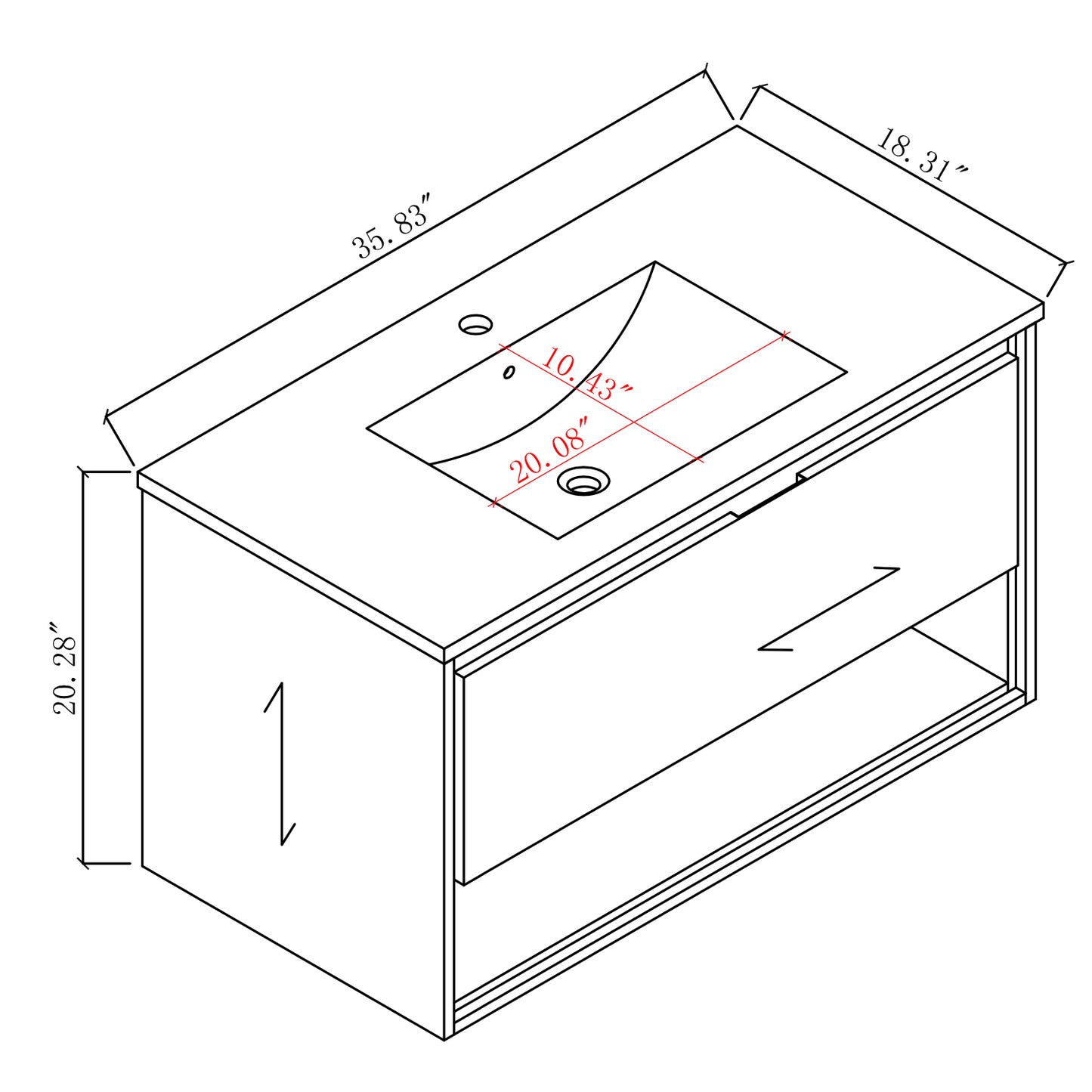 36 inches Wood Floating Bathroom Vanity Combo with Integrated Ceramic Sink and Soft Close Drawer