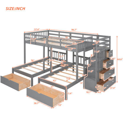 Full Over Twin & Twin Bunk Bed, Wood Triple Bunk Bed with Drawers and Guardrails (Gray)