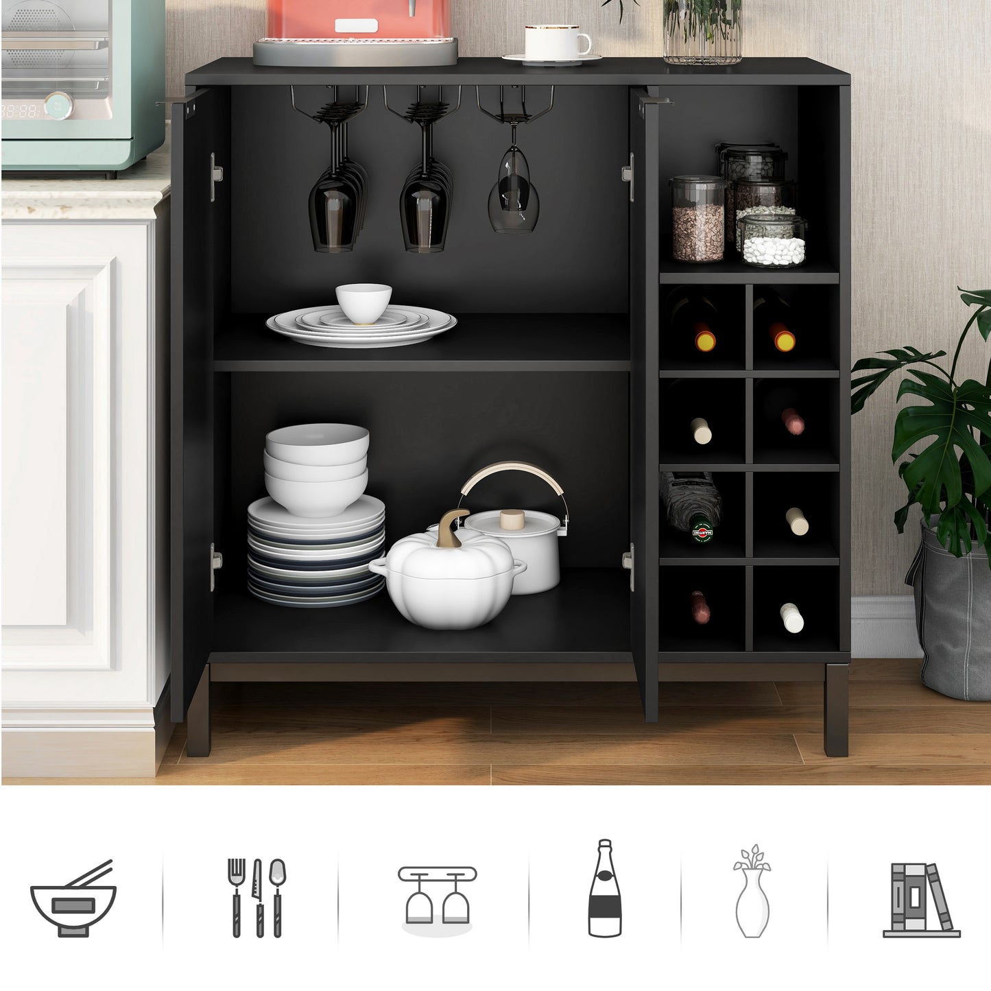 K&K Sideboards and Buffets With Storage Coffee Bar Cabinet Wine Racks Storage Server Dining Room Console 34 Inch（Black）