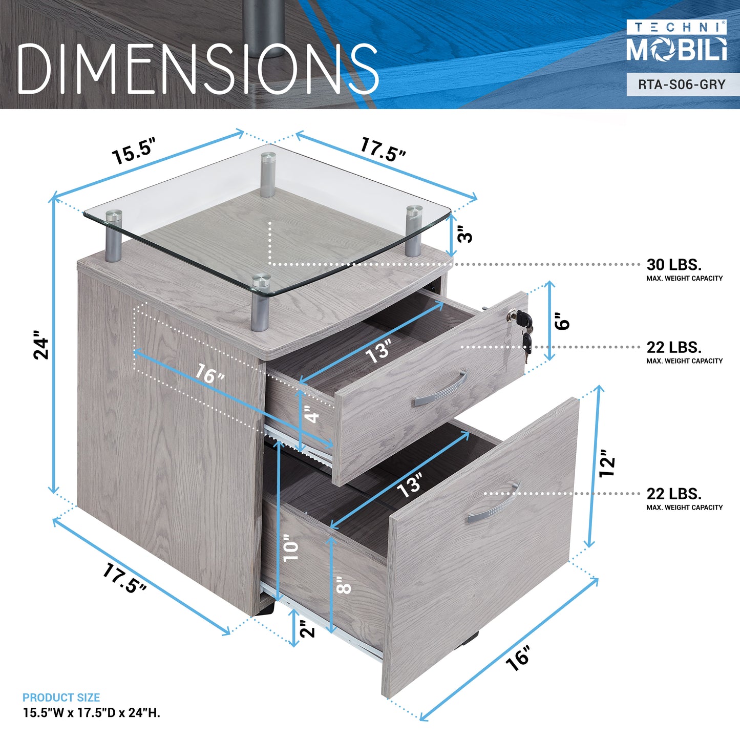 Techni Mobili Rolling File Cabinet with Glass Top, Grey