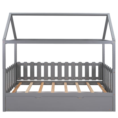 Twin Size House Bed with Trundle, Fence-shaped Guardrail, Gray(New)