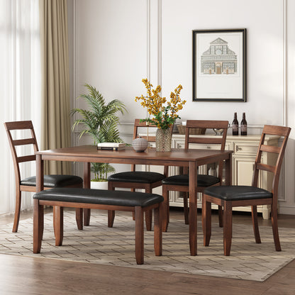 TREXM 6-Piece Kitchen Simple Wooden Dining Table and Chair with Bench, PU Cushion (Walnut)