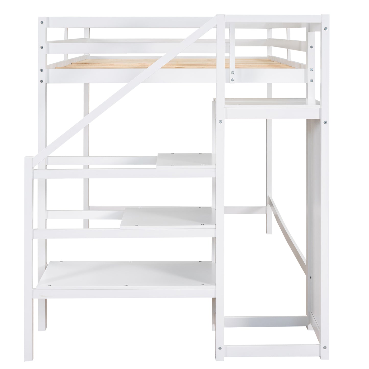 Full Size Loft Bed with Built-in Storage Wardrobe and Staircase,White