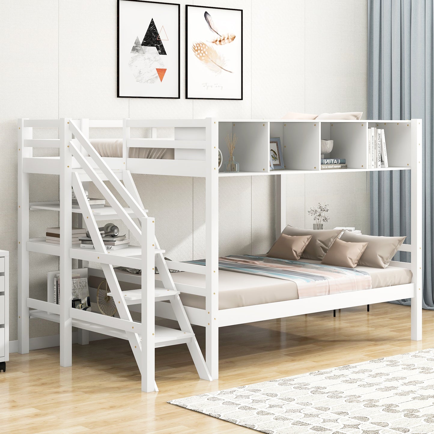 Twin over Full Bunk Bed with Staircase and Built-in Storage Cabinets,White