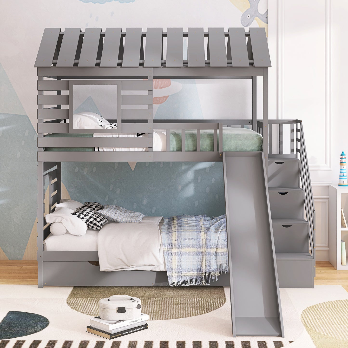 Twin over Twin House Bunk Bed with Trundle and Slide ,Storage Staircase,Roof and Window Design, Gray