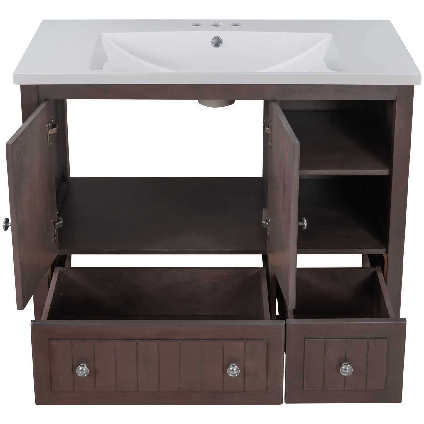 [VIDEO] 36" Bathroom Vanity with Ceramic Basin, Bathroom Storage Cabinet with Two Doors and Drawers, Solid Frame, Metal Handles, Brown