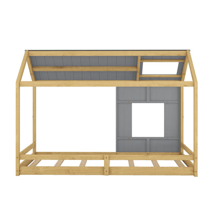 Twin Size House Bed with Roof and Window - Gray+Natural