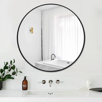 Round Mirror, Circle Mirror 24 Inch, Black Round Wall Mirror Suitable for Bedroom, Living Room, Bathroom, Entryway Wall Decor and More, Brushed Aluminum Frame Large Circle Mirrors for Wall