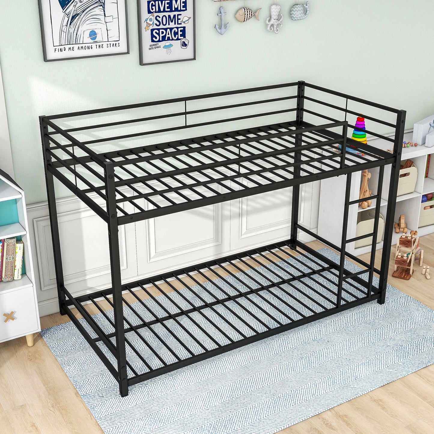 Metal Bunk Bed Twin Over Twin, Bunk Bed Frame with Safety Guard Rails, Heavy Duty Space-Saving Design, Easy Assembly Black