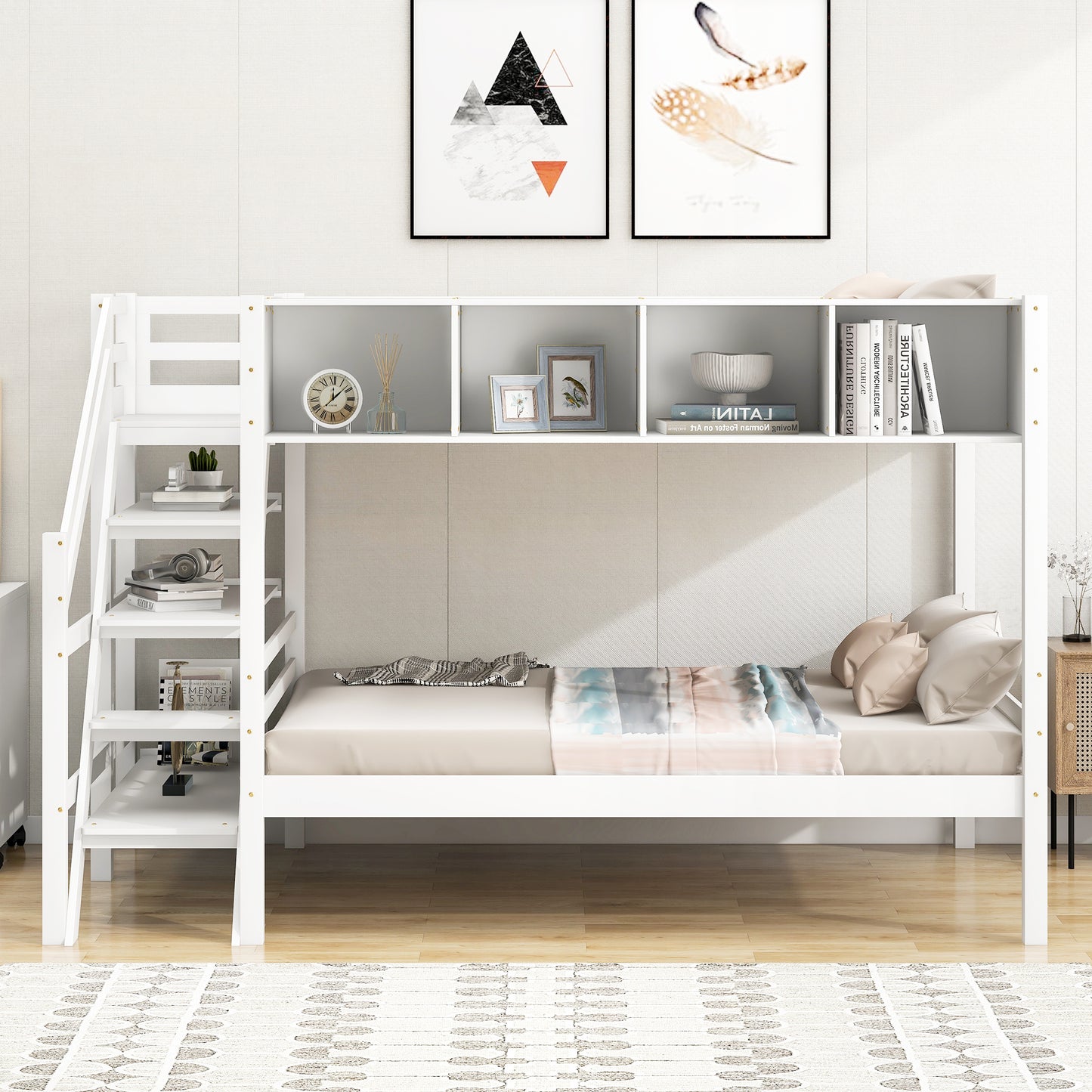 Twin over Full Bunk Bed with Staircase and Built-in Storage Cabinets,White