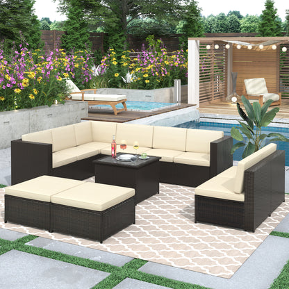 U_Style 9 Piece Rattan Sectional Seating Group with Cushions and Ottoman, Patio Furniture Sets, Outdoor Wicker Sectional