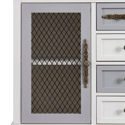 TREXM Retro Style Cabinet with 4 Drawers of the Same Size and 2 Iron Mesh Doors for Living Room and Entryway