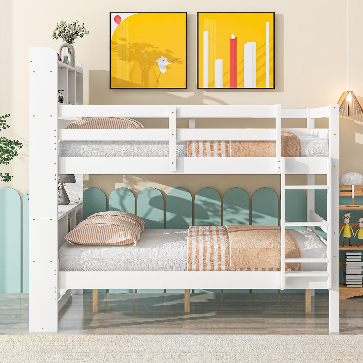 Full Over Full Bunk Beds with Bookcase Headboard, Solid Wood Bed Frame with Safety Rail and Ladder, Kids/Teens Bedroom, Guest Room Furniture, Can Be converted into 2 Beds, White