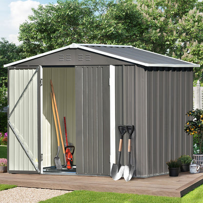 TOPMAX Patio 8ft x6ft Bike Shed Garden Shed, Metal Storage Shed with Lockable Doors, Tool Cabinet with Vents and Foundation Frame for Backyard, Lawn, Garden, Gray