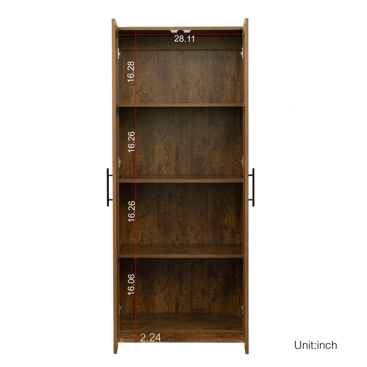 High wardrobe and kitchen cabinet with 2 doors and 3 partitions to separate 4 storage spaces, walnut