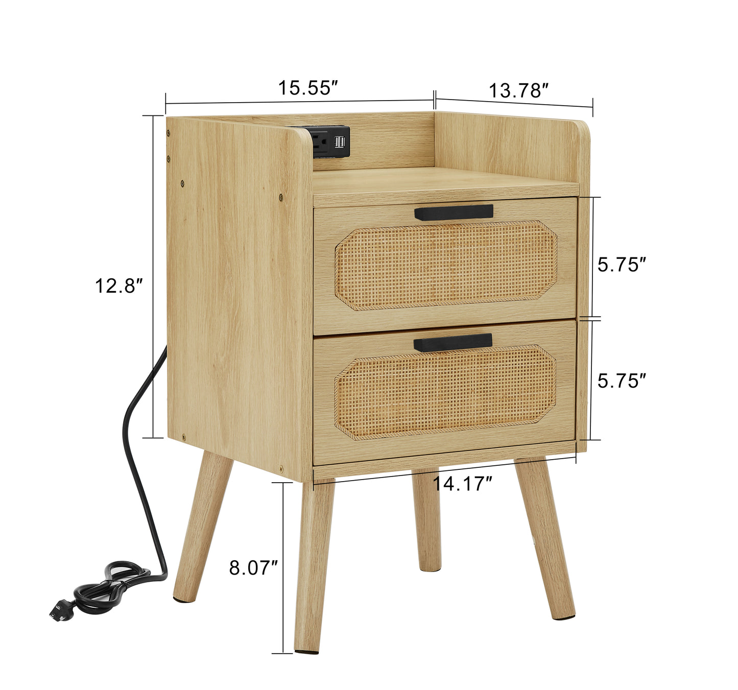 JHX Rattan nightstand with socket side table natural handmade rattan（2PC,Natural ,15.55’’W*13.78’’D*23.82’’H）