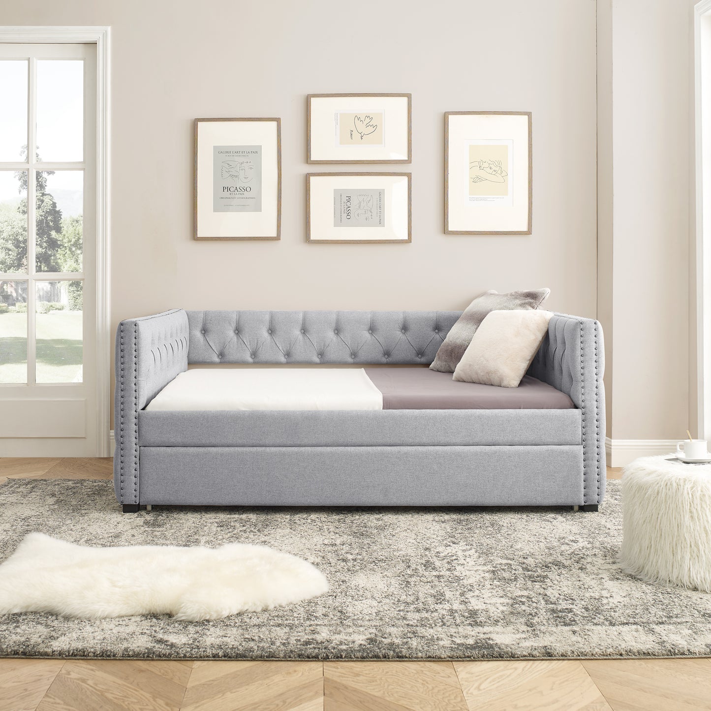 Daybed with Trundle Upholstered Tufted Sofa Bed, with Button and Copper Nail on Square Arms，Full Daybed & Twin Trundle, Grey（85“x57”x31.5“）