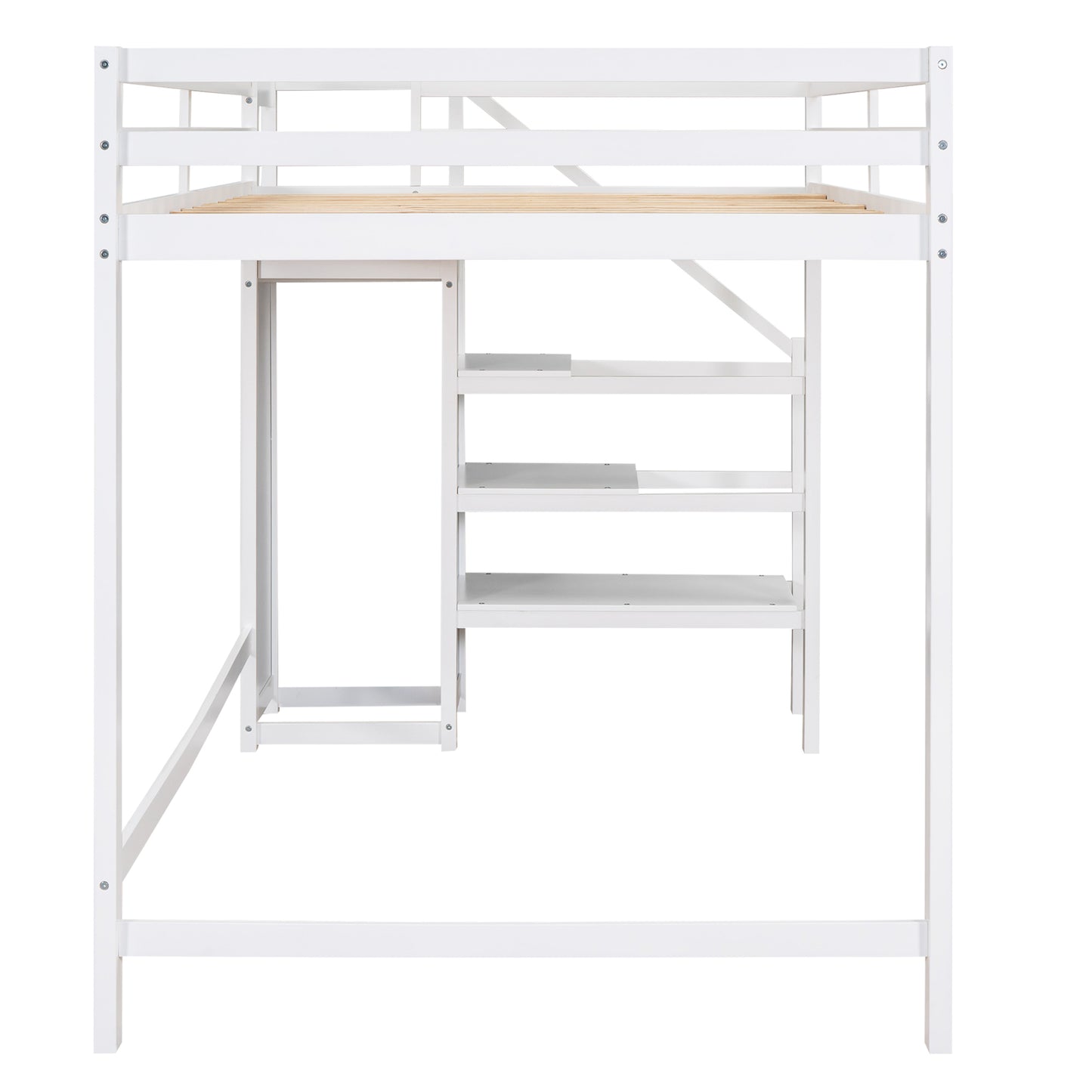 Full Size Loft Bed with Built-in Storage Wardrobe and Staircase,White