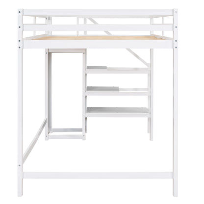 Full Size Loft Bed with Built-in Storage Wardrobe and Staircase,White