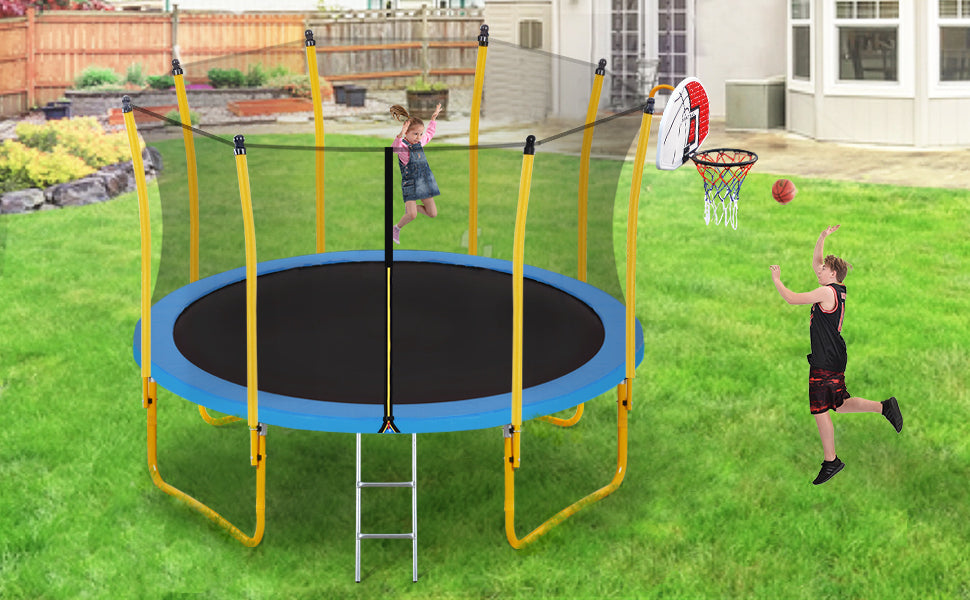 12FT Trampoline for Kids with Safety Enclosure Net, Basketball Hoop and Ladder, Easy Assembly Round Outdoor Recreational Trampoline