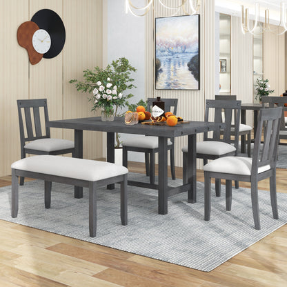 TREXM Rustic Farmhouse 6-Piece Wooden Rustic Style Dining Set, Including Table, 4 Chairs & Bench (Gray)